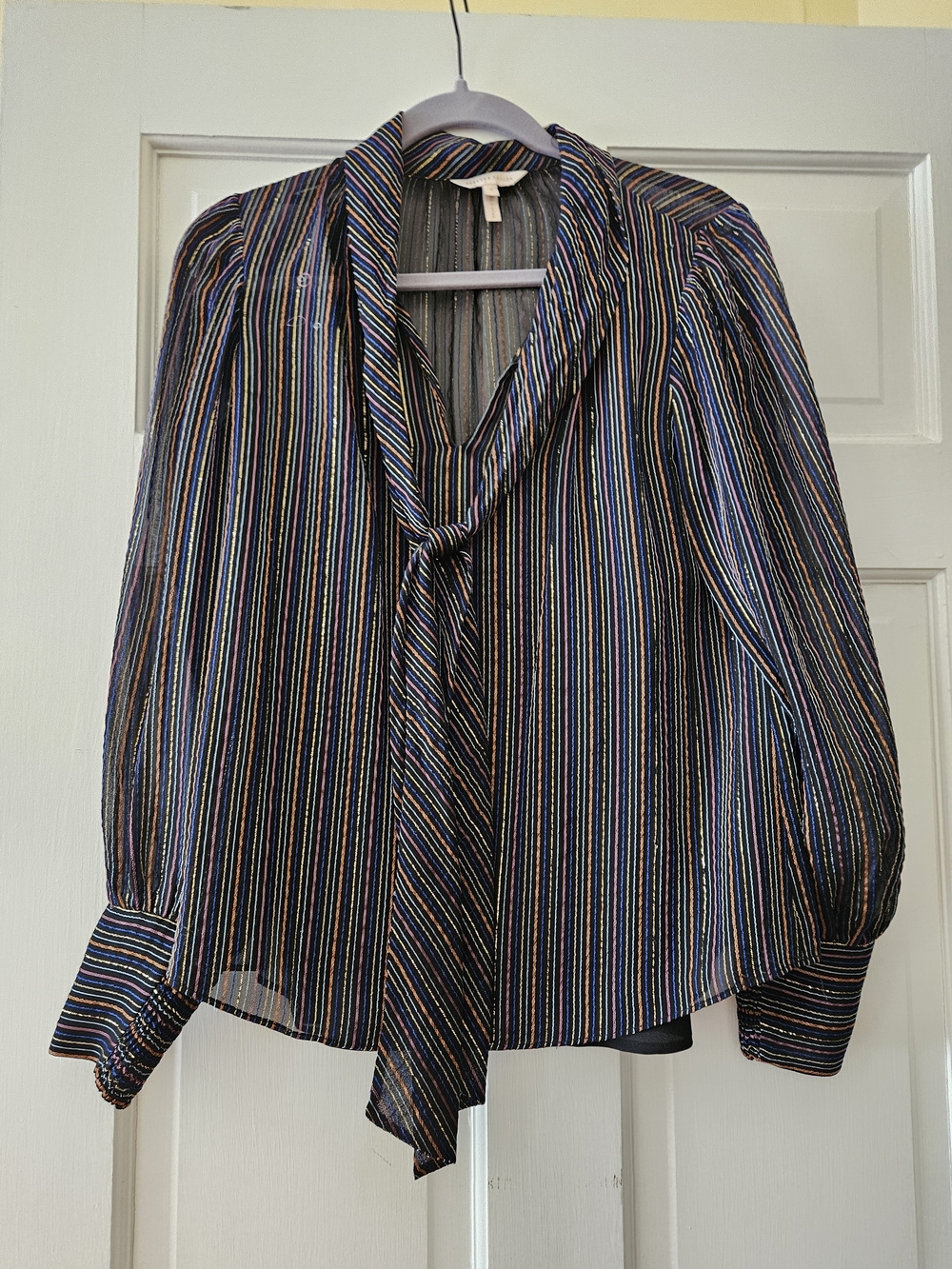 Rebecca Taylor Black Multi-Stripe Tie-Neck Blouse